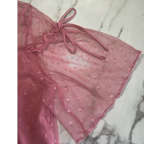 Emma & Olive Swiss Dot Mesh Overlay Top Sweetheart Neck Bell Sleeve Pink size XL - Picture 10 of 11